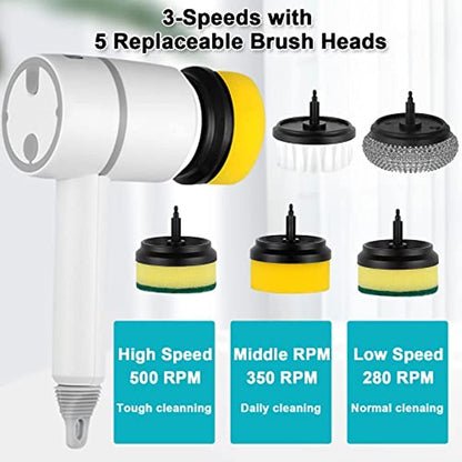 Electric Spin Scrubber, Cleaning Brush Set, 5 Replaceable Brush Heads 3 Rotating Speeds Cordless Power Scrubber for Bathroom, Tub, Shower, Window, Dish, Kitchen Sink, Stove, Tile Grout